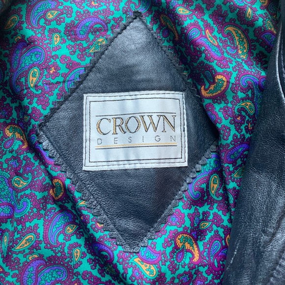 Vintage Crown XL Black and Green Genuine Leather Jacket with Silky Lining - Picture 2 of 3